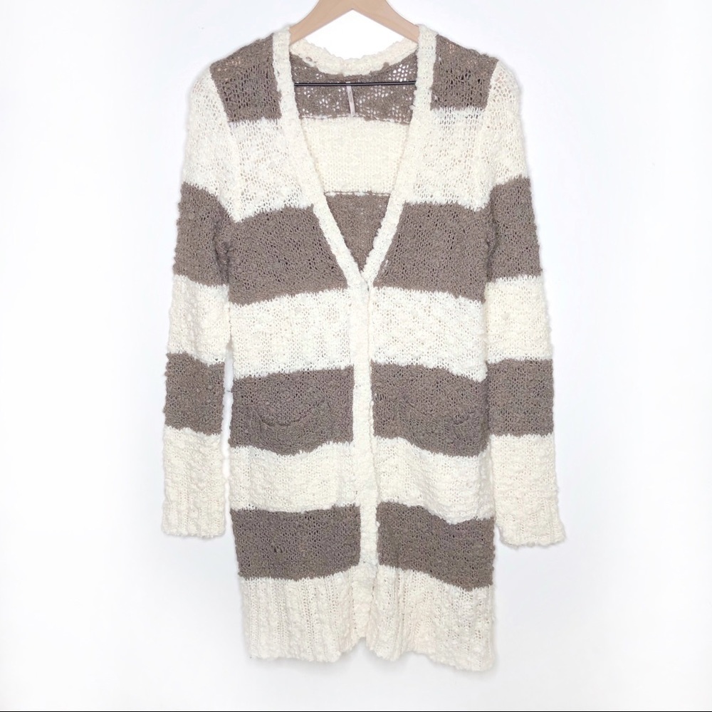 Free People Cozy Boucle Stripe Cardigan Small Cream Taupe Longline